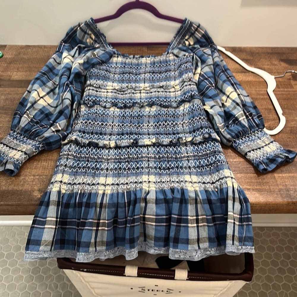 LOVE SHACK FANCY Blue plaid puff sleeve smocked Stanley mini dress 💙